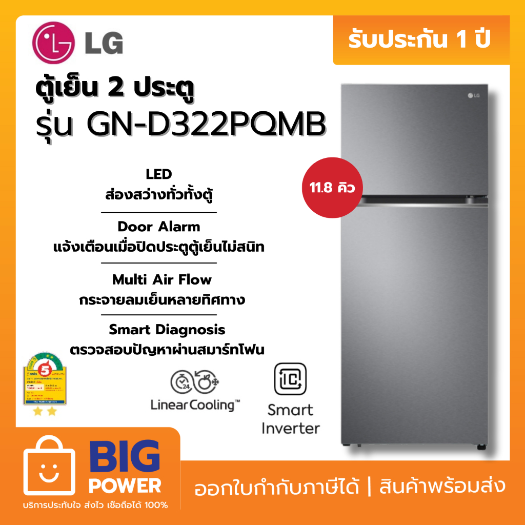 LG ตู้เย็น 2 ประตู รุ่น GN-D322PQMB ระบบ Smart Inverter Compressor 11.8 คิว รับประกัน 1 ปี