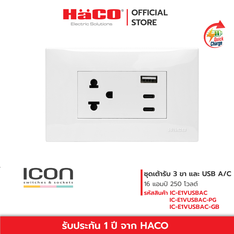 HACO ชุดเต้ารับ 3 ขา พร้อมเต้ารับ USB A/C 16 แอมป์ 250 โวลต์ รุ่น  IC-E1VUSBAC+IC-F003