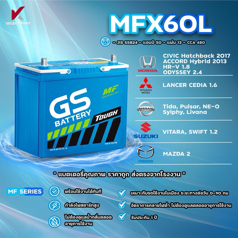 MFX60R , MFX60L ( JIS 55B24 ) {พร้อมส่ง} GS Battery แบตเตอรี่พร้อมใช้ อึด มั่นใจ กำลังไฟสตาร์ทสูง พร้อมใช้งานได้ทันที