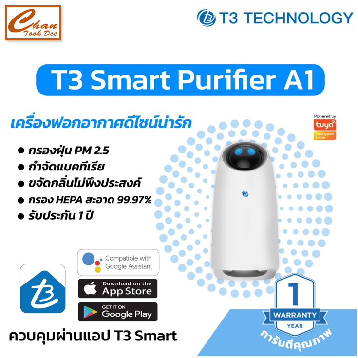 T3 Smart Air Purifier A1 เครื่องฟอกอากาศ รุ่น A1 T3 Technology กำจัดฝุ่น PM 2.5 ขนาดห้อง 16 ตร.ม.  ส