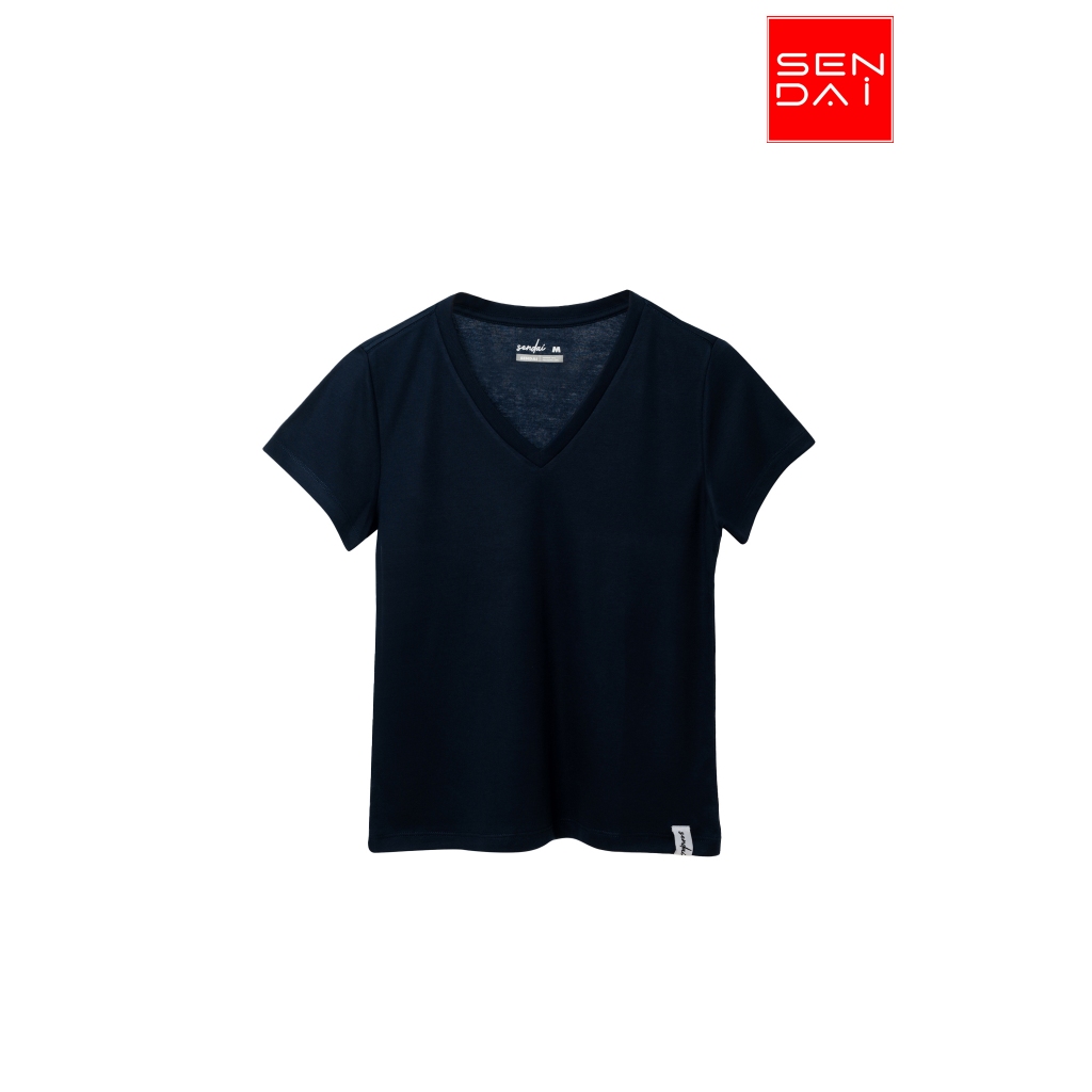 "SENDAI" เสื้อยืดผู้หญิงคอวี สีน้ำเงิน