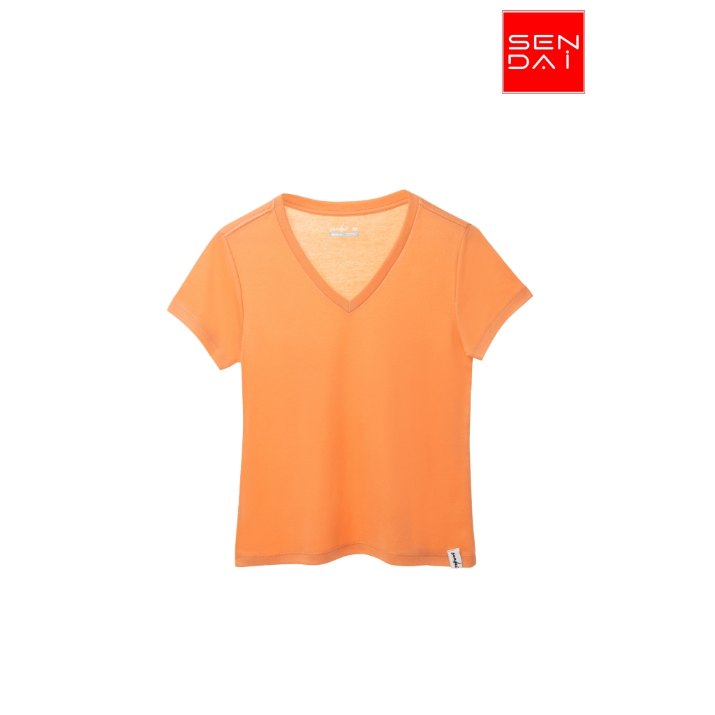 "SENDAI" เสื้อยืดผู้หญิงคอวี สีส้มชาไทย