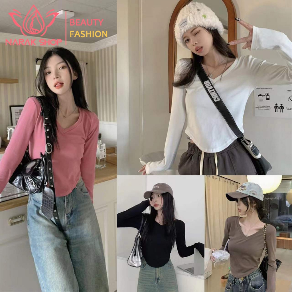 เสื้อยืดแขนยาว คอวี สีพื้น ใส่สบาย
