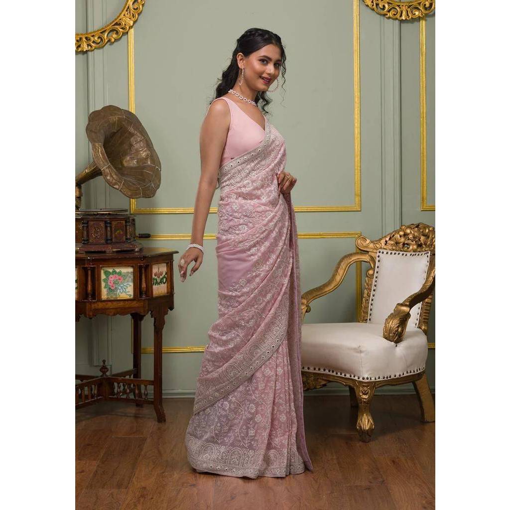 Saree fabric:Faux geogert saree with white thread & seqnce full heavy work & gota pati embroidery in