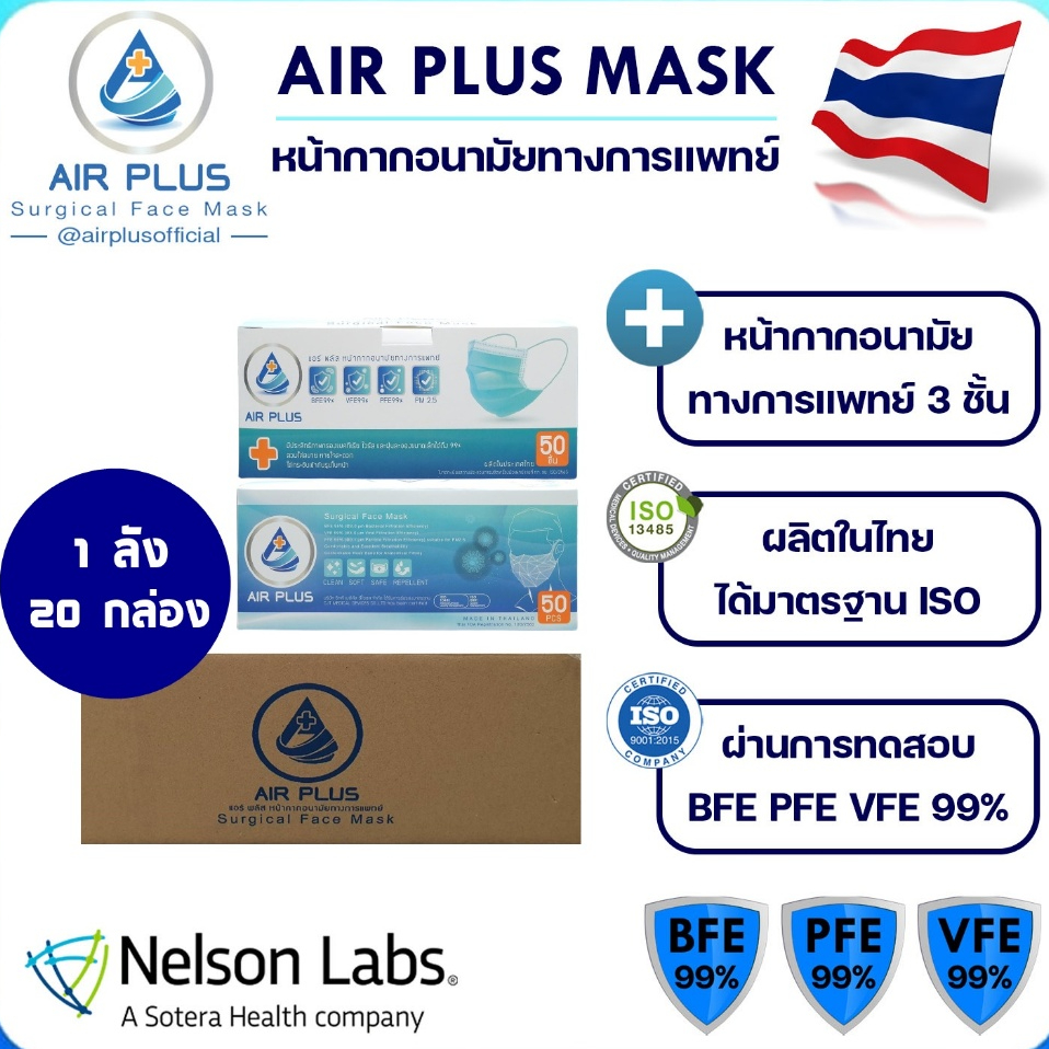 💥ยกลังถูกกว่า! หน้ากากอนามัยทางการแพทย์ งานคุณภาพ ผลิตในไทย มีอย.BFE PFE VFE 99%💥AIR PLUS MASK  - 1 ลัง(20 กล่อง)