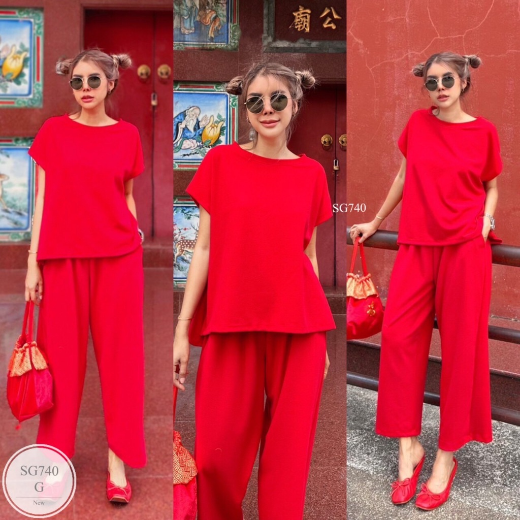 SG740  เซทเสื้อคอกลมแขนล้ำทรง oversize ดีเทลผ่า 2 ข้าง หน้าสั้นหลังยาว มาพร้อมกางเกงทรงกระบอก 5 ส่วน