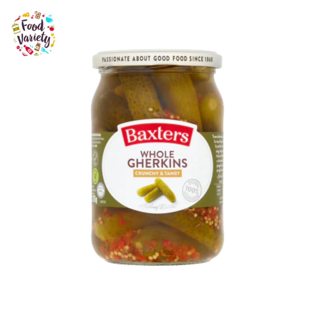 Baxters Whole Gherkins Crunchy & Tangy 600g แบ็กซ์เตอร์ แตงกวาดองรสเปรี้ยว  ในขวดแก้ว 600 กรัม