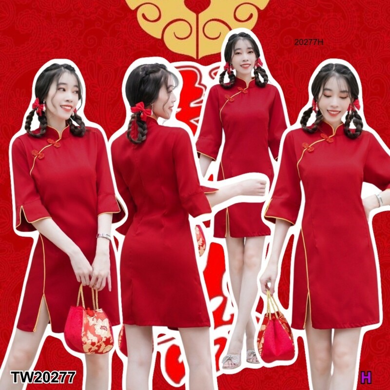 MM20277 เดรสกี่เพ้า คอจีน แขนยาวศอก กุ้นขอบสีทอง Cheongsam dress, Chinese collar, elbow length sleev