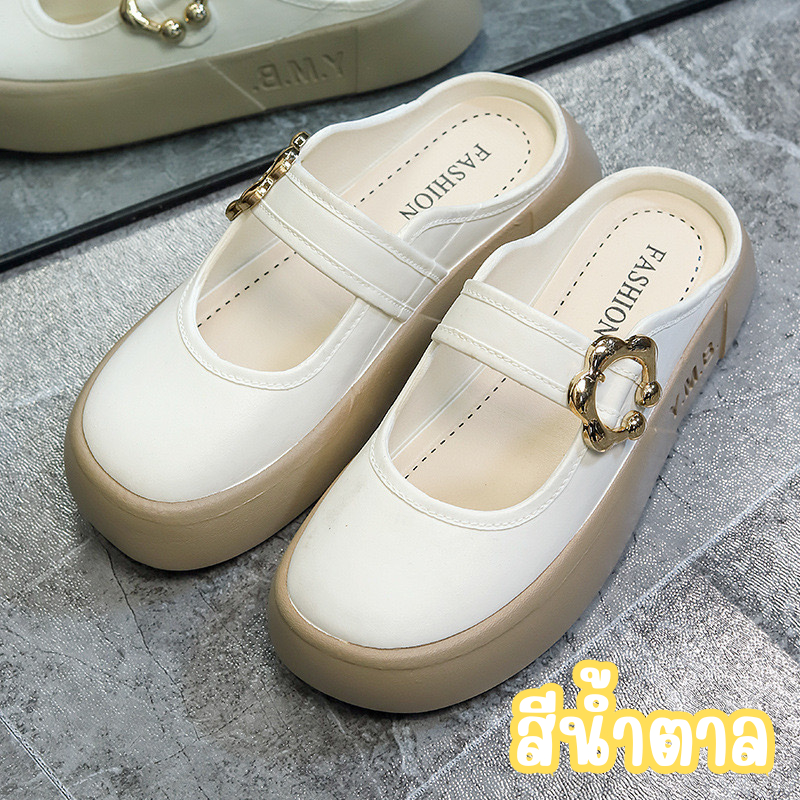 รองเท้าแตะ คัชชูเปิดส้น พื้นนุ่ม มีสายคาด ทรงน่ารัก น้ำหนักเบา มีสี4สี พร้อมส่งในไทย ปิดหน้าเท้า