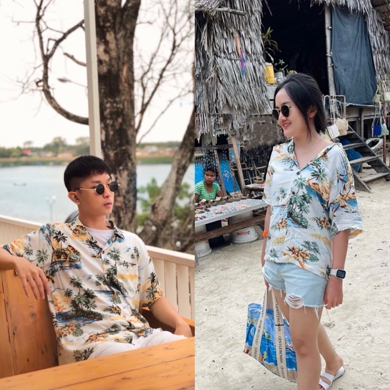 Roaming HR03 เสื้อฮาวาย ผ้าเรยอนญี่ปุ่น เสื้อครอบครัว เด็ก&ผู้ใหญ่ Hawaiian aloha Shirts  [บลูฮาวาย]