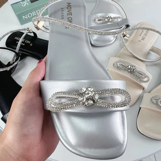 รองเท้ารัดส้นโบว์เพชร ผ้าหนังนิ่มใส่สบายไม่กัดเท้า(ใส่ตรงไซส์)(งานมีกล่อง)(ใส่ได้ 2 แบบ)