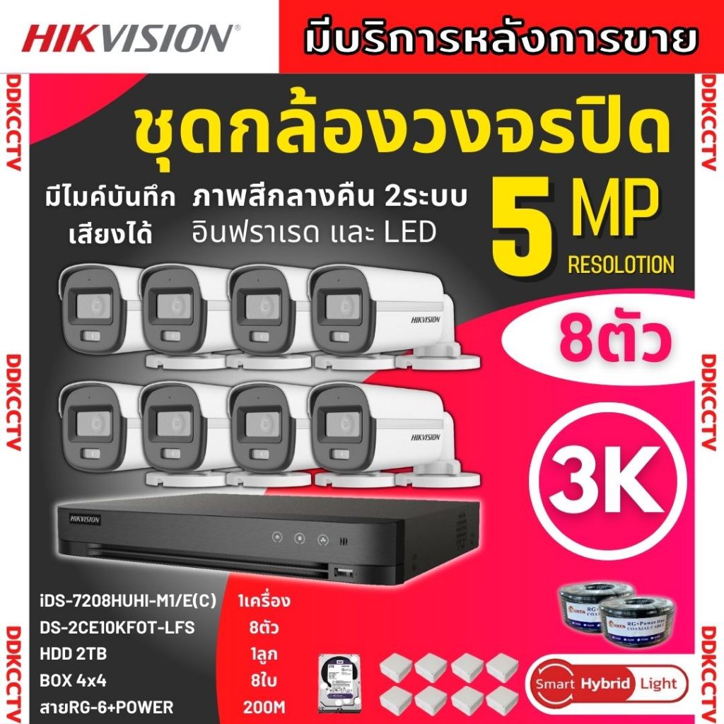 Hikvision ชุดกล้องวงจรปิด 8ตัว 3K ColorVu Smart hybrid light ภาพคมชัด มีเสียงในตัว 5ล้านพิกเซล DS-2CE10KF0T-LFS รุ่นใหม่