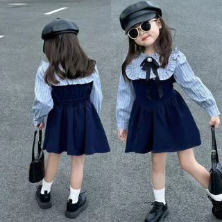 Little Piglet 🐷 พร้อมส่ง Dress ชุดกระโปรง แขนยาว แขนสั้น เด็กหญิง สีฟ้า กรมท่า ดำ เกาหลี แฟชั่นเด็ก