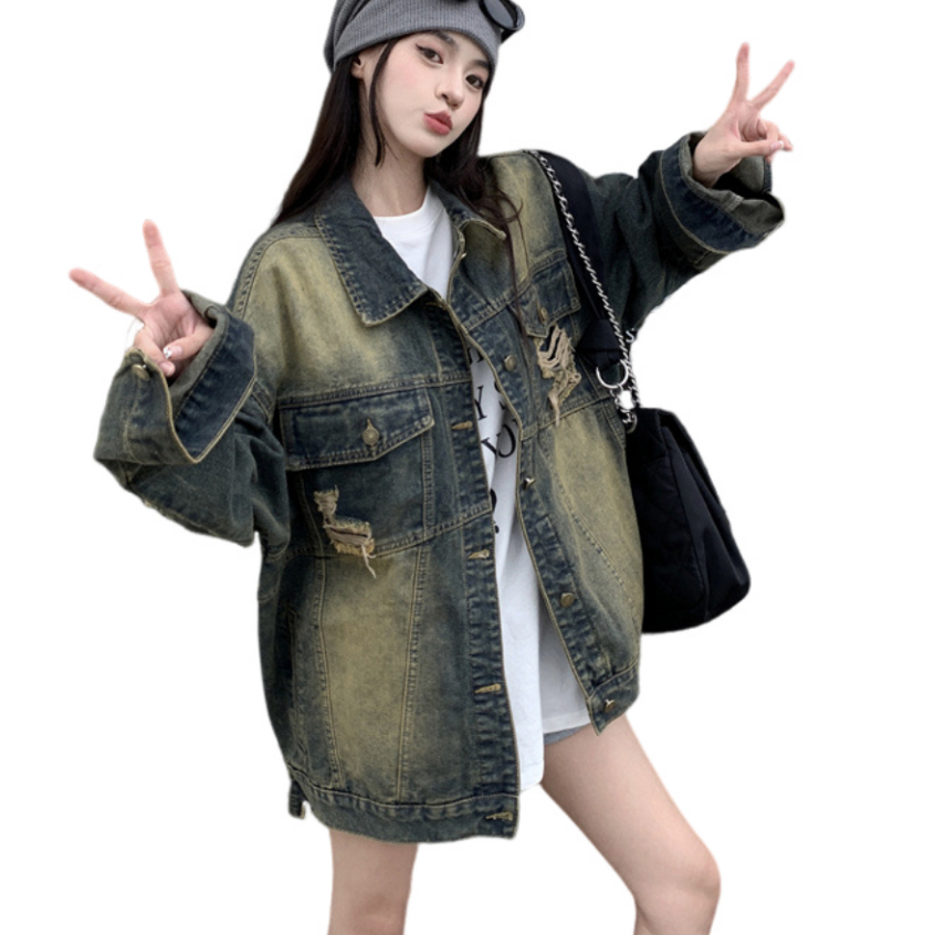 NINGFASHION เสื้อเเจ็ตเก็ตยีนส์โอเวอร์ไซค์เเต่งขาดผู้หญิง รุ่น W8788
