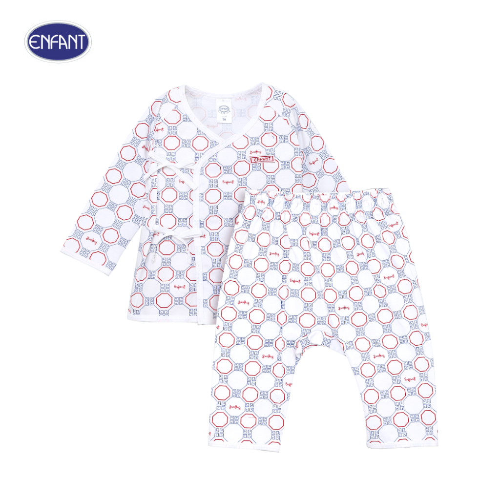 ENFANT (อองฟองต์) ชุดเสื้อป้ายเด็กแขนยาว + กางเกงขายาว ลายกังไส ผ้าคอตตอน 100% สำหรับเด็กอายุ 3-6 เดือน