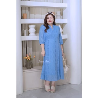 Patcha-สีฟ้า เดรสผ้าลูกไม้ฉลุไซส์ใหญ่อก42 44 46 48 และ50นิ้ว ชุดคนอ้วนสีขาวใส่ไปวัดทำบุญ งานบวช