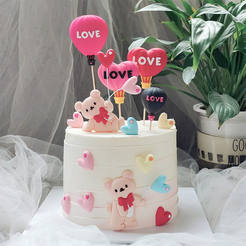 ป้ายปักเค้กหัวใจlove บอลลูน หมี (ชุด4 ,5ชิ้น) ตกแต่งเค้กวันเกิด(หมี+หัวใจ A)