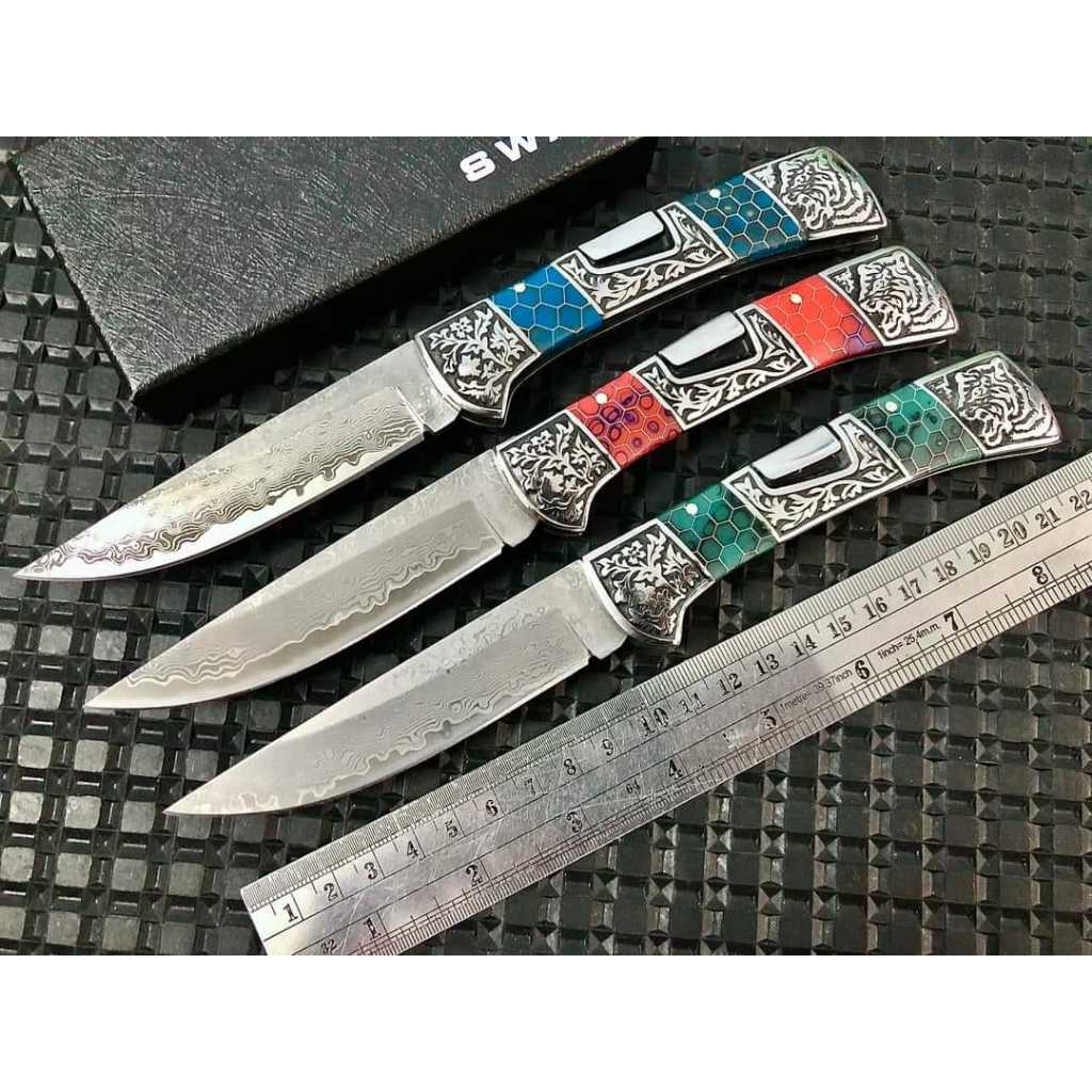 มีดพับดามากัส งานแท้ วัสดุเหล็ก Vg10 ระบบแบ็คล็อค มาพร้อมคลิบเหน็บกระเป๋า Folding Knife Damacus Vg10