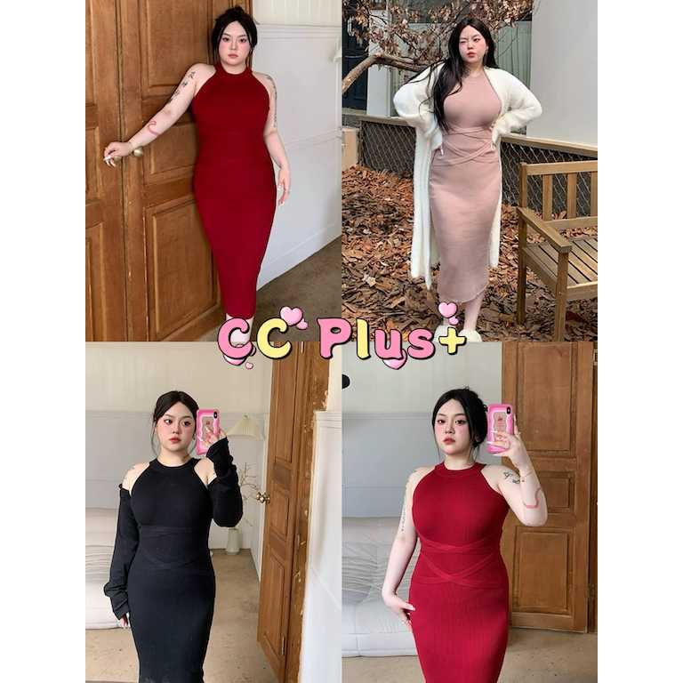 Cici Plus+(B6291)เดรสยาวเเขนกุด ผ้าไหมพรม ดีเทลแต่งสายไขว้ด้านหน้า ผ้ายืด เหมาะสำหรับสาวพลัสไซส์