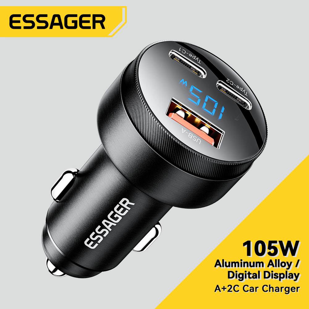 Essager 105W ที่ชาร์จแบตในรถ USB A 2 Type C PD ชาร์จไฟเร็วสำหรับที่ชาร์จแบตในรถเครื่องชาร์จโทรศัพท์ในรถ