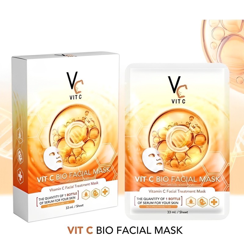 VIT C BIO FACIAL MASK วิตซีมาส์ก มาส์กน้องฉัตร สารสกัดจากวิตามิน ทำให้ผิวหน้านุ่มชุ่มชื้น ขนาด 33 ml. x 6 ซอง