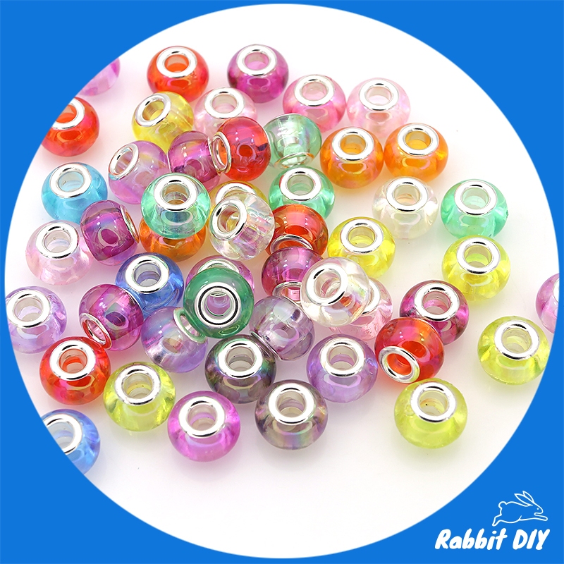ลูกปัดตกแต่ง โดนัท ทรงกลม มน + วงกลมสีเงิน สีใส (จำหน่ายแบบคละสี แพ็กถุงละ 10 ชิ้น)