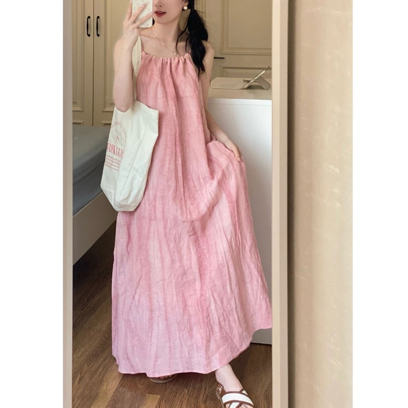 👗ชุดเดรส,👗สไตล์หวานเดรสแขนกุดสีชมพูสไตล์ฝรั่งเศส