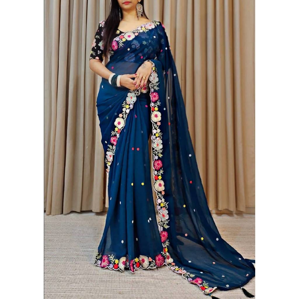 SAREE FABRIC : Faux Georgette  SAREE LENGTH- 5.50 Mtr    SAREE WORK- Multicolour seqwance work and e