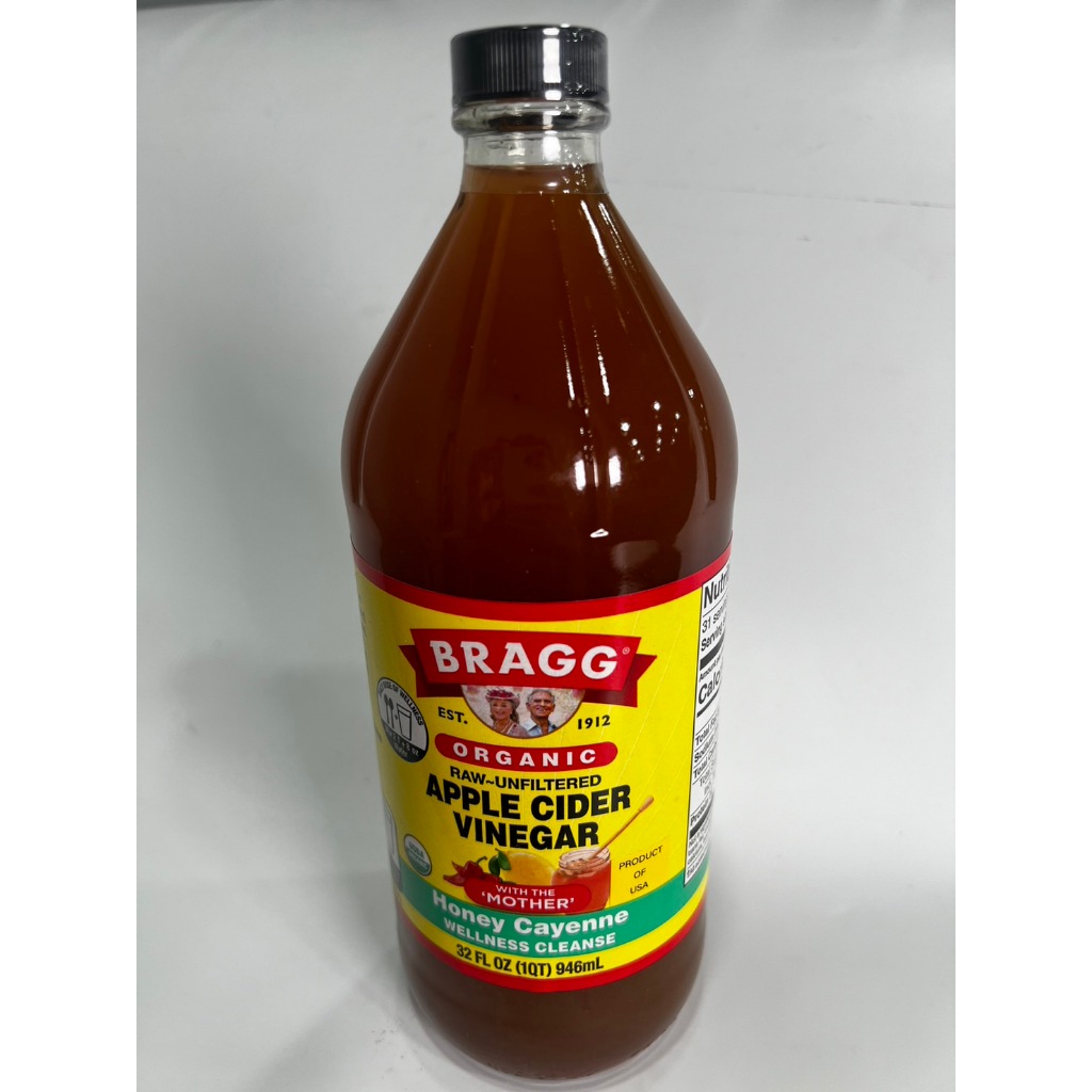 Organic Apple Cider Vinegar Honey Cayenne Bragg 946ml ไม่ผ่านการกรอง มีตะกอนเยอะ น้ำส้มสายชูสกัด ACV นำเข้าจากอเมริกา