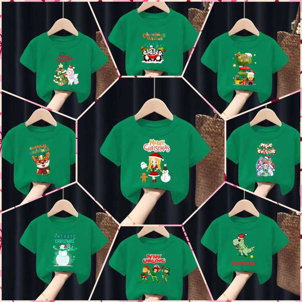 เสื้อยืดเด็กพิมพ์ลายคริสต์มาส (Merry Christmas) เนื้อผ้าฝ้าย “สีเขียวเข้ม”  Pattern 205-216