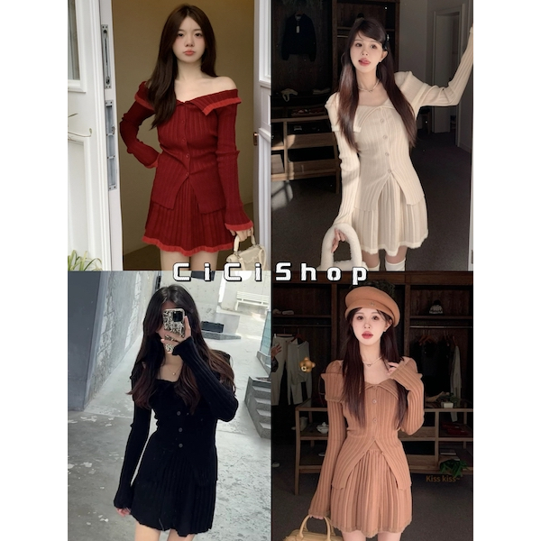 Cicishop(C8182)Set 2 ชิ้น เสื้อไหมพรมแขนยาวปาดไหล่กระดุมสามารถใช้งานจริง พร้อมกระโปรงโรงพลีท สไตล์