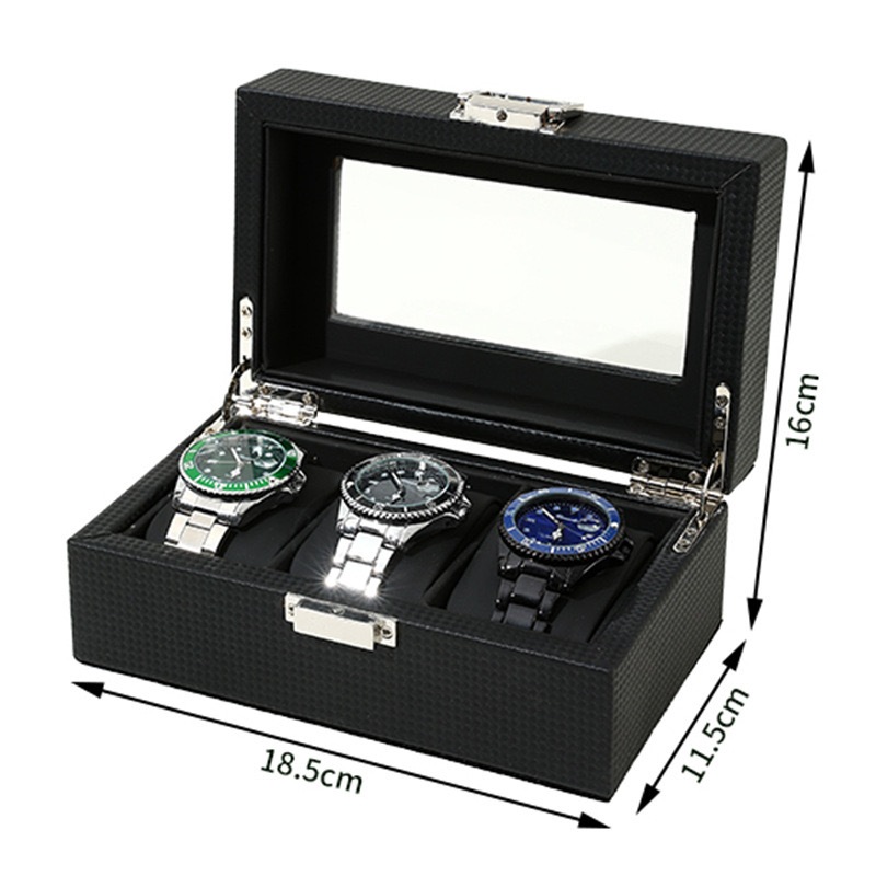 *พร้อมส่ง*กล่องนาฬิกา 3 เรือน กล่องใส่นาฬิกา (คาร์บอนไฟเบอร์สีดำ+ในPUหนัง) Watch Box