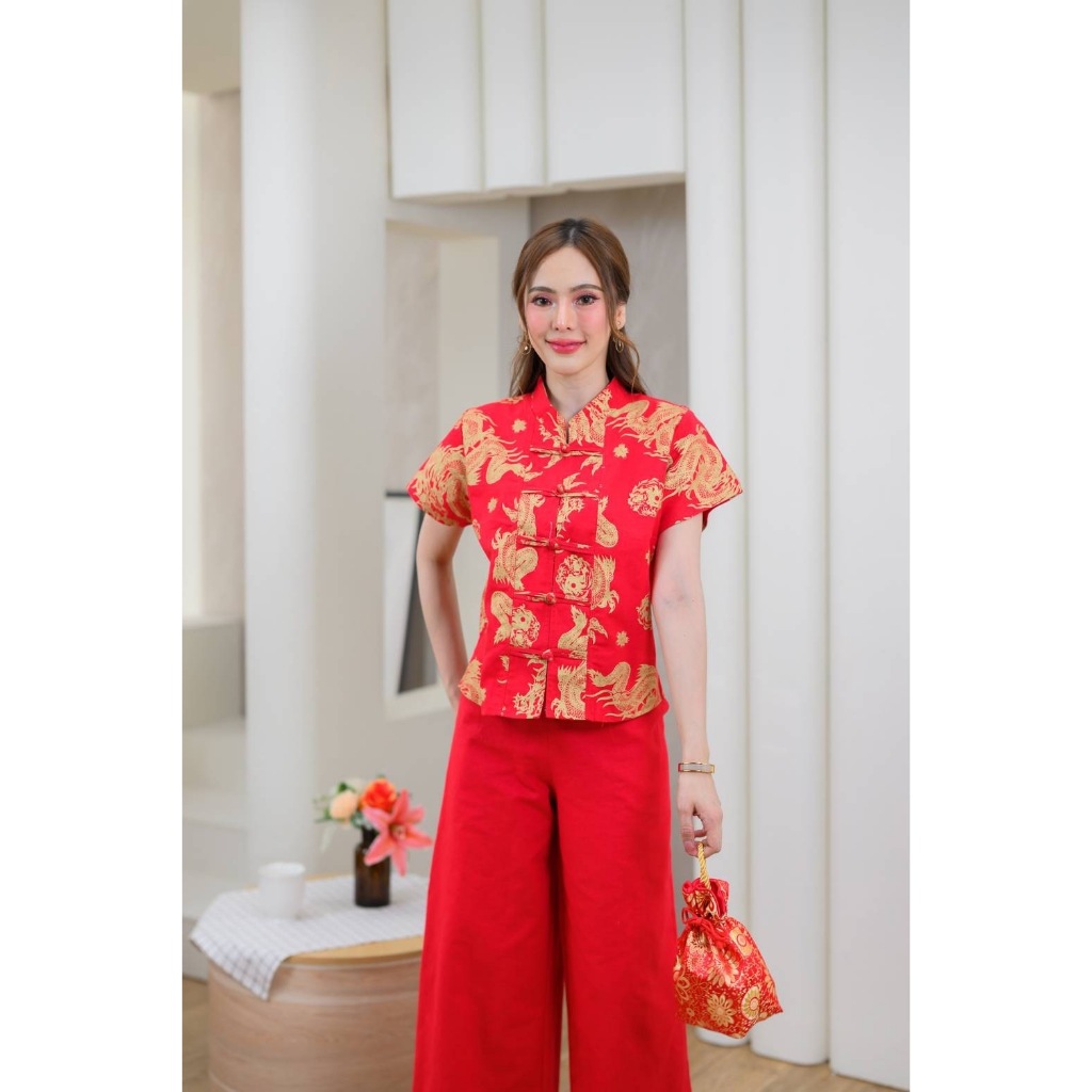 เสื้อคอจีนกระดุมจีนลายมังกรทอง เสื้อใส่ตรุษจีน (ส่งจากไทย) - รูปที่ 6