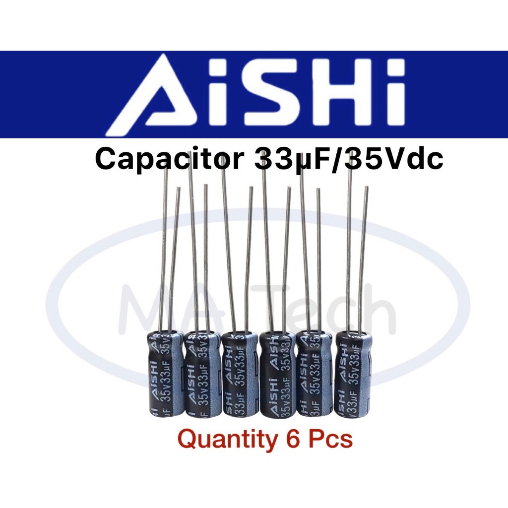 33uf 35v Capacitor 33uF 35v คาปาซิเตอร์ 35v33uf ยี่ห้อ Aishi ขนาด 5.0x11.0mm 1ชุด มีจำนวน 6 ชิ้น