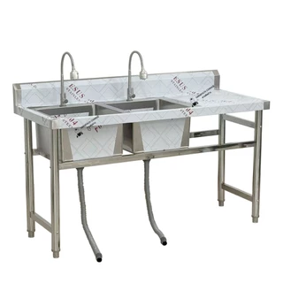 ซิงค์ล้างจานสแตนเลส เกรด304 อ่างล้างจาน 2 หลุมซ้าย 145x60x80ซม Double Bowl Kitchen Sink SK145-60-ST450SL