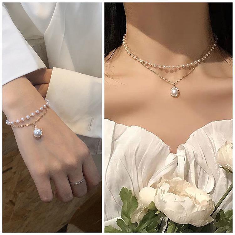 ยุโรปและอเมริกาใหม่แฟชั่นโซ่เรียบง่ายลูกปัดหลายชั้นสร้อยคอไข่มุกจี้สร้อยคอสร้อยข้อมือ