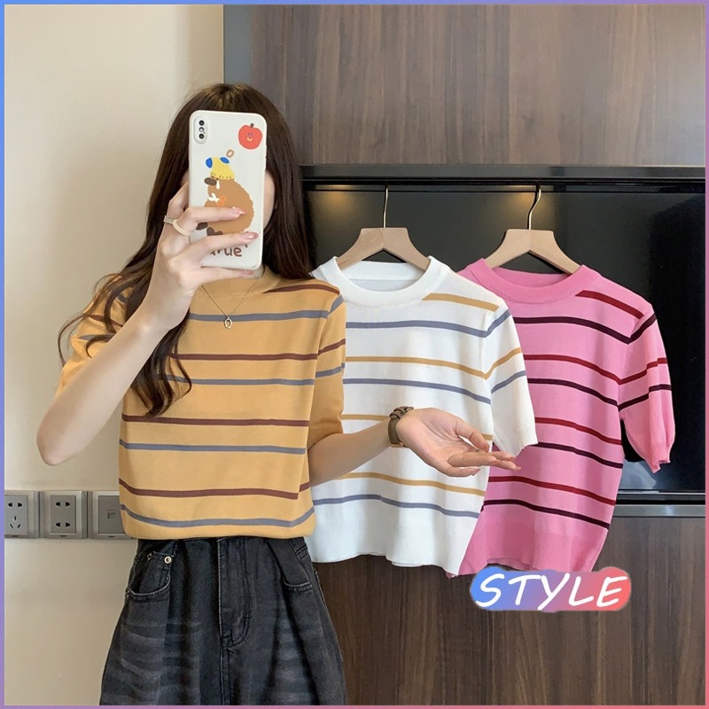 STYLE 71017 เสื้อเชิ้ตแขนสั้นผู้หญิง ดีไซน์ลายทาง เสื้อเชิ้ตผู้หญิงคอกลม สไตล์เกาหลี สวมใส่สบาย ดูดี