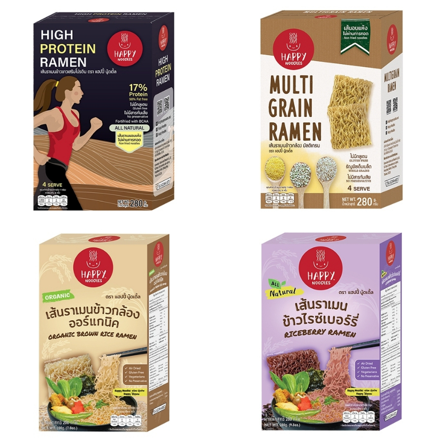 Happy Noodle | เส้นราเมนอบแห้ง ทำจากข้าวจ้าวของไทย ไม่ใส่สารกันเสีย ไม่มีกลูเตน