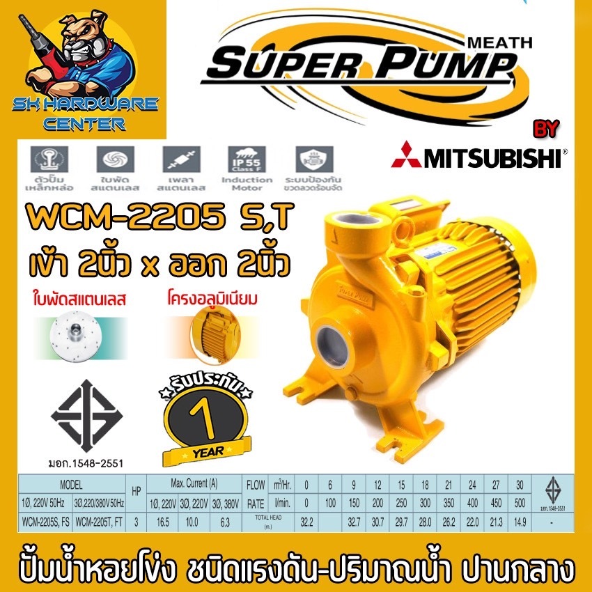 ปั๊มน้ำหอยโข่ง MITSUBISHI ขนาด 2นิ้ว กำลัง3แรง มีกระแสไฟให้เลือก 220V,380V รุ่น WCM-2205S(220V),WCM-