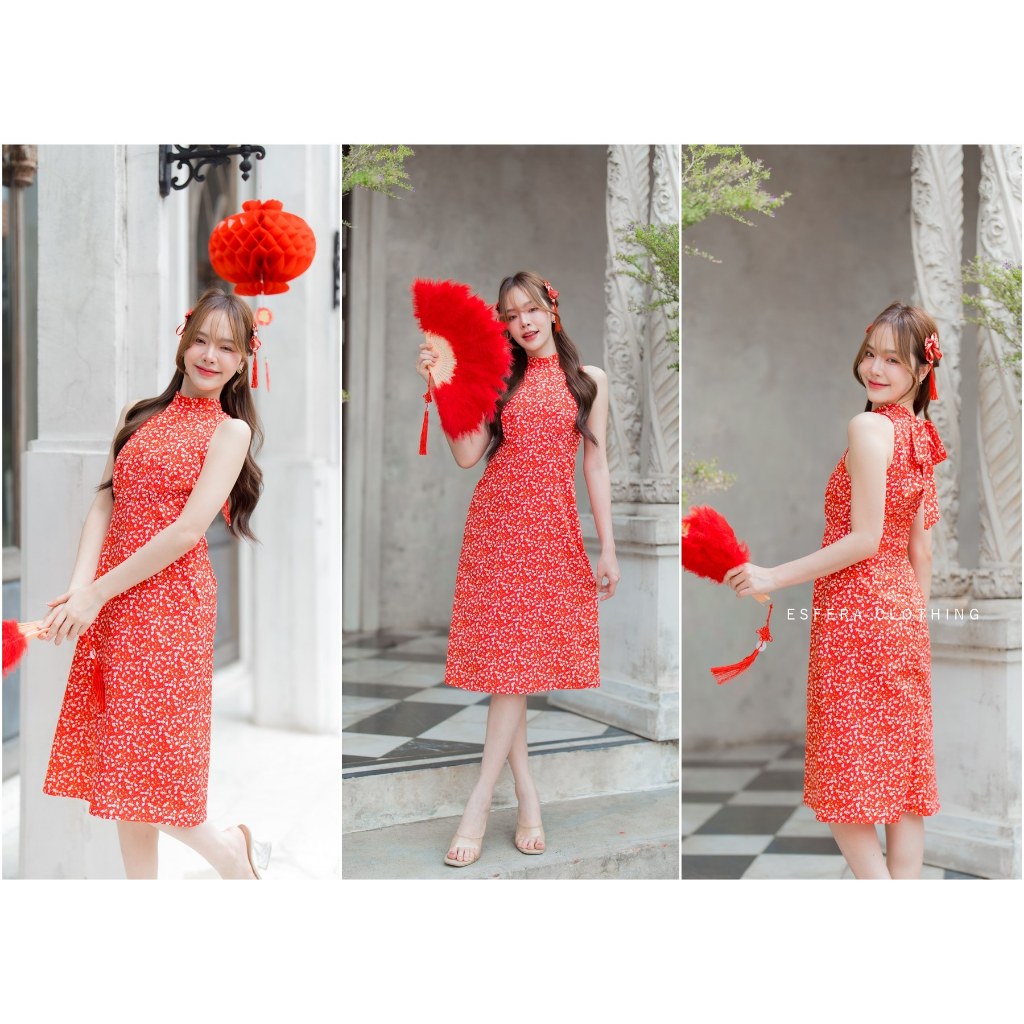 DR084-2 Red Flora Dress ( ลายดอกสีแดง ) เดรสสีแดง