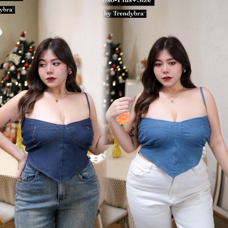 /TB/ เสื้อครอปยีนส์สายเดี่ยวทรงสามเหลี่ยม เสื้อผ้าไซส์ใหญ่ สาวอวบอ้วน 2ไซส์ อก40-52“