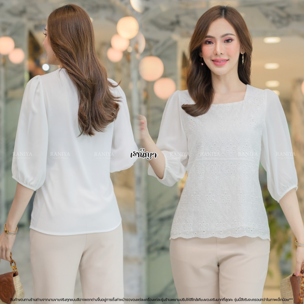 รหัส6733 งานเสื้อด้วนหน้าเป็นลูกไม้ฉลุมัซับในส่วนหน้า ด้วยหลังเป็นผ้าพื้น คอเหลี่ยม แขนผ้าชีฟอง
