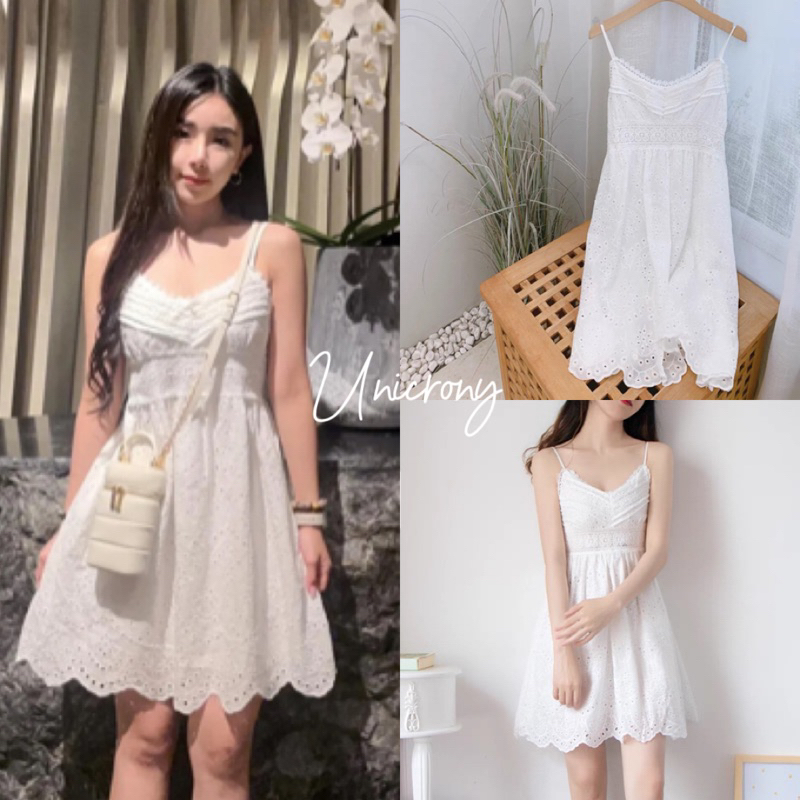 Unicrony มินิเดรสสายเดี่ยว แต่งลูกไม้ลายฉลุ งานน่ารัก White minidress