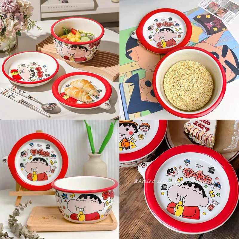 ถ้วยมาม่า Shin chan ชินจัง ชามบะหมี่ จานรอง + ถ้วย ชามมีฝาปิด ชุดเข้าเซต น่ารักๆ ของขวัญ 14035