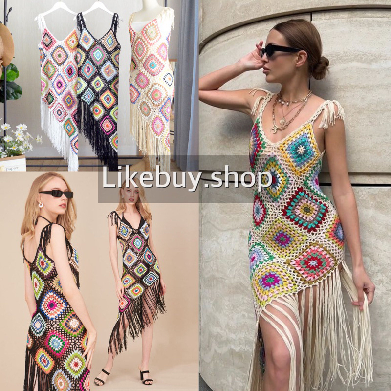🌴🔥Crochet Beach Dresses🔥🌴ชุดเดรสสายเดี่ยวถักไหมพรมแต่งพู่ เดรสไปทะเล เดรสถัก