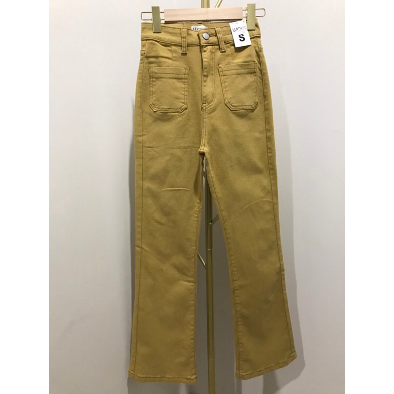 WOW Shop กางเกงยีนส์ขายาว สีเหลืองเอวสูง