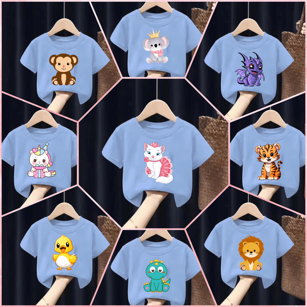 เสื้อยืดเด็กพิมพ์ลายการ์ตูนน่ารักๆๆๆ เนื้อผ้าฝ้าย "สีฟ้า" Pattern 1-12