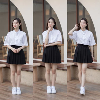 เสื้อนักศึกษาทรงบอย เสื้อคอจีน คอจีน ผ้าดิบอ็อกฟอร์ด ผ้าคอมทวิว SZ.36-50