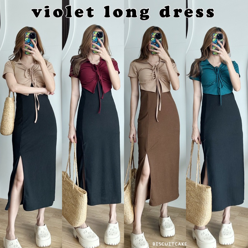VIOLET DRESS ชุดเดรสแขนสั้นคอปกตัวยาวทูโทน มีเชือกรูดกลางอก ผ้าท็อปทวิล ราคา ถูกที่สุด ดีลบีเคเค