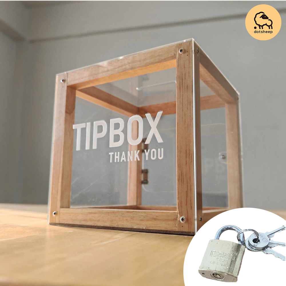 Dotsheep กล่อง Tip box กล่องทิป ไม้ +อะคริลิค กล่องทิปบ็อก เก็บเงินและใส่เงิน - ฟรี! กุญแจล็อค (401)